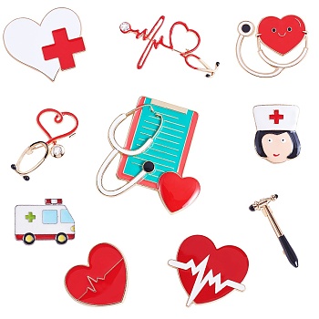 10Pcs 10 Styles Ambulance & Heart & Stethoscope Enamel Pins, Gold Plated Alloy Medical Theme Badges for Backpack Clothes, Mixed Color, 19~51x15~63.5mm, 1Pc/style