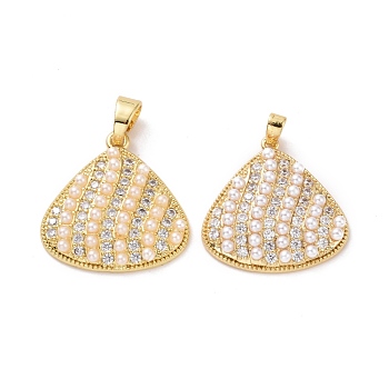Shell Shaped Brass Micro Pave Clear Cubic Zirconia Pendants, with Acrylic Imitation Pearl, Cadmium Free & Lead Free, Real 18K Gold Plated, 24x23x5mm, Hole: 4x6mm