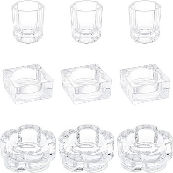 SUPERFINDINGS 9Pcs 3 Style Glass Dappen Dish/Lid Bowl Cup Crystal Dish, Mini Bowl Liquid Holder, Nail Art Manicure Accessories Container, Flower & Square & Octagon, Clear, 3.2~6.25x3.2~6.3x2.05~3.25cm, 3pcs/style