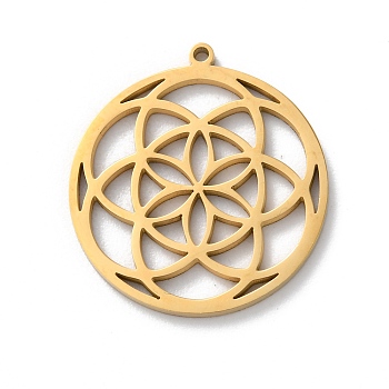 304 Stainless Steel Pendants, Laser Cut, Flower Charm, Real 18K Gold Plated, 21.5x19.5x1.5mm, Hole: 1mm