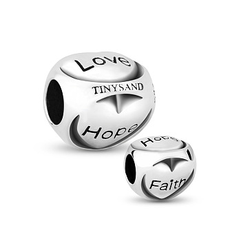 TINYSAND Oval Thailand 925 Sterling Silver European Beads, Large Hole Beads, Carved Word Love, Hope and Faith, Antique Silver, 10.27x10.21x10.06mm, Hole: 4.52mm