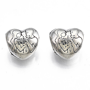 Rack Plating Alloy European Beads, Large Hole Beads, Cadmium Free & Nickel Free & Lead Free, Mother's Day, Heart with Couple & Baby, Antique Silver, 11x12x8.5mm, Hole: 5mm