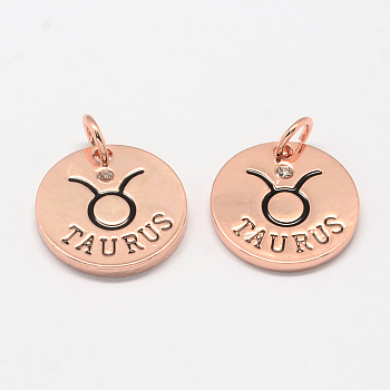 Alloy Pendants, with Rhinestone, Flat Round, with Constellation/Zodiac Sign, Rose Gold, Taurus, 22x2.5mm, Hole: 5.5mm