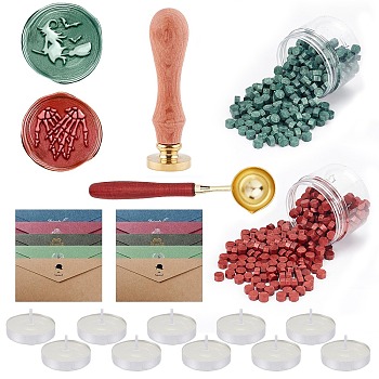CRASPIRE DIY Scrapbook Making Kits, Including Sealing Wax Particles, Pear Wood Handle, Brass Wax Seal Stamp, Brass Spoon, Candles, Paper Invitation Envelope, Mixed Color, 8.5x17x0.1cm