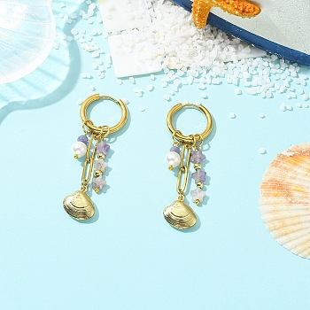 Star 304 Stainless Steel Hoop Earrings, with Brass Earring Findings & Natural Malaysia Jade & Shell Pearl, Shell Shape, 60.5x15.5mm