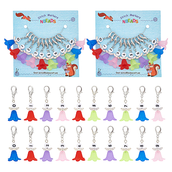 10Pcs 10 Style Number 0~9 Angel Locking Stitch Marker, Alloy Wing & Acrylic Flower Lobster Claw Charms, Clip-on Charms, Mixed Color, 48mm, 1pc/style