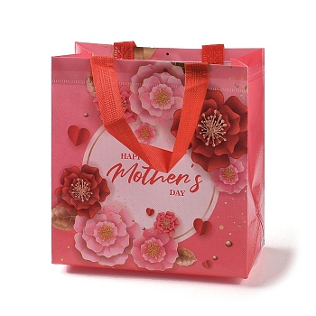 Mother's Day Theme Printed Flower Non-Woven Reusable Folding Gift Bags with Handle, Portable Waterproof Shopping Bag for Gift Wrapping, Rectangle, Red, 11x21.5x23cm, Fold: 28x21.5x0.1cm