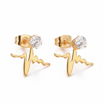 304 Stainless SteelStud Earrings, with 316 Stainless Steel Pin & Glass Imitation Cubic Zirconia, Golden, 13x14.5mm, Pin: 0.7mm