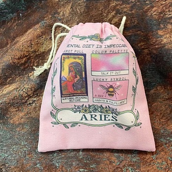 Tarot Card Storage Bag, Canvas Cloth Tarot Drawstring Bags, Rectangle with Constellation Pattern, Aries, 18x13cm