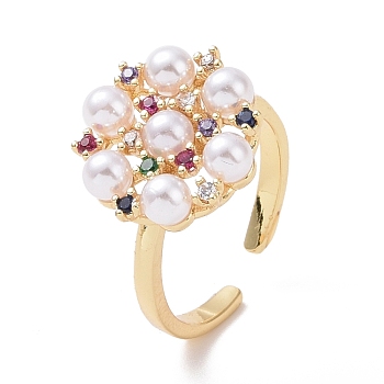 Colorful Cubic Zirconia Flower Open Ring with Acrylic Pearl Beaded, Brass Jewelry for Women, Cadmium Free & Lead Free, Real 18K Gold Plated, US Size 6 1/2(16.9mm), 2mm