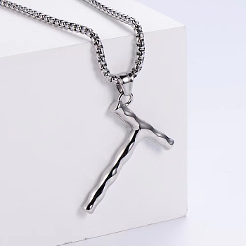 3Pcs Stainless Steel Textured Letter Pendant Box Chain Necklaces, Stainless Steel Color, Letter T