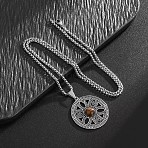 201 Stainless Steel Natural Tiger Eye Flower of Life Pendant Necklaces for Women, Stainless Steel Color, 23.62 inch(60cm)(WG7C937-01)