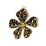 304 Stainless Steel Enamel Pendants, Leopard Print Flower Charms with Crystal Rhinestone, Real 18K Gold Plated, Ion Plating(IP), Black, 39x33mm(STAS-OY005-19G)