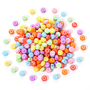 Opaque Acrylic Beads, Flat Round with White Heart & Flower & Moon & Star, Mixed Color, 7x4mm, Hole: 1.6mm, 200pcs/set(MACR-YW0001-18)