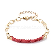 Waxed Cotton Cords Braided Link Bracelets, with Golden Brass Cable Chains, FireBrick, 7-1/8 inch(18cm)(BJEW-JB09963-05)