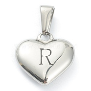 304 Stainless Steel Pendants, Heart with Black Letter, Stainless Steel Color, Letter.R, 16x16x4.5mm, Hole: 7x3mm(STAS-P278-01R-P)