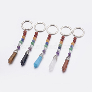 Natural/Synthetic Gemstone Chakra Pointed Keychain, with Mixed Stone and Platinum Plated Brass Key Findings, Bullet, 107~110mm, Ring: 24x2mm(KEYC-P040-C)