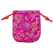 Chinese Style Flower Pattern Satin Jewelry Packing Pouches, Drawstring Gift Bags, Rectangle, Medium Violet Red, 10.5x10.5cm(PW-WG42698-09)