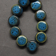 Handmade Porcelain Beads, Fancy Antique Glazed Porcelain, Flat Round, Cornflower Blue, 12x7mm, Hole: 3mm(PORC-Q185-12mm-1)