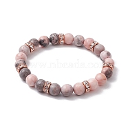 8.5mm Round Natural Pink Zebra Jasper Beaded Stretch Bracelets, Brass Rhinestone Spacer Bead Bracelets for Women, Rose Gold, Inner Diameter: 2-1/4 inch(5.6cm), Round: 8.5mm(BJEW-JB10256-01)