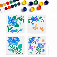 US 1 Set Rose PET Hollow Out Drawing Painting Stencils, with 1Pc Art Paint Brushes, Flower, Painting Stencils: 300x300mm, 4pcs/set(DIY-MA0001-62)