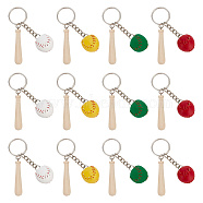 12Pcs 4 Colors Mini Baseball PU Leather Pendant Keychain with Wood Baseball Bat, with Iron Finding, Mixed Color, 82mm, 3pcs/color(DIY-OC0011-25)