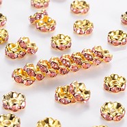 Brass Rhinestone Spacer Beads, Grade A, Rondelle, Golden and Nickel Free, Pink, about 8mm in diameter, 3.8mm thick, hole: 1.5mm(RSB030NF-07G)