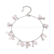 Natural Rose Quartz Chips & Cat Charms Anklet, 304 Stainless Steel Jewelry for Women, 9~9-1/8 inch(22.8~23cm)(AJEW-AN00512-03)