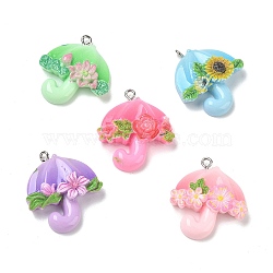 Resin Pendants, Umbrella with Flower Charms, with Platinum Iron Loop, Mixed Color, 29.5x27x8~9mm, Hole: 2mm(RE-CBA098D-03P)