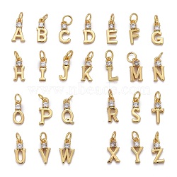 Brass Micro Pave Clear Cubic Zirconia Pendants, with Jump Ring, Long-Lasting Plated, Letter, Letter A~Z, 9~10x3~5x2~2.5mm, Jump Ring: 4x1mm, Hole: 2.5mm, 26pcs/set(ZIRC-Z011-35)
