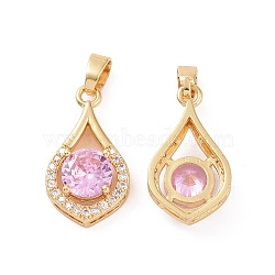Brass Micro Pave Cubic Zirconia Pendants, Real 18K Gold Plated, Teardrop Charms, Pink, 21x11.5x5mm, Hole: 5x3mm(KK-E068-VC438)