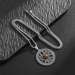 201 Stainless Steel Natural Tiger Eye Flower of Life Pendant Necklaces for Women, Stainless Steel Color, 23.62 inch(60cm)(WG7C937-01)