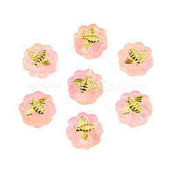 Transparent Spray Painted Glass Beads, with Golden Plated Brass Findings, Flower with Bees, Pink, 12x12x5mm, Hole: 1mm(LAMP-N032-03-B01)