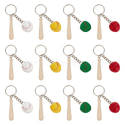 12Pcs 4 Colors Mini Baseball PU Leather Pendant Keychain with Wood Baseball Bat, with Iron Finding, Mixed Color, 82mm, 3pcs/color(DIY-OC0011-25)