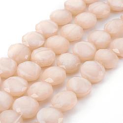 Pearl Luster Plated Glass Bead Strands, Faceted Flat Round, Antique White, 13.5~14x7~8.5mm, Hole: 1~1.4mm, about 24~25pcs/strand, 13.7 inch(EGLA-E036-PL01)
