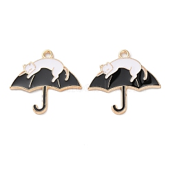 Alloy Enamel Pendants, Light Gold, Cat with Umbrella Charm, Black, 25x26x1.5mm, Hole: 1.5mm(ENAM-Z022-02B)