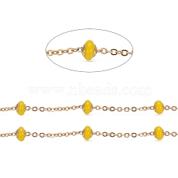 Stainless Steel Satellite Chains, with Enamel Beads and Spool, Soldered, Long-Lasting Plated, Flat Round, Golden, Yellow, 1.5x1.2x0.3mm, about 32.8 Feet(10m)/roll(CHS-I006-03G-A)