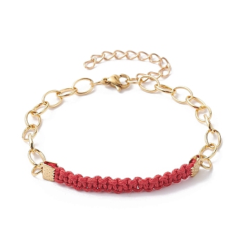 Waxed Cotton Cords Braided Link Bracelets, with Golden Brass Cable Chains, FireBrick, 7-1/8 inch(18cm)