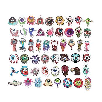 52Pcs 52 Styles Evil Eye Pattern Cartoon Paper Sticker Label Set, Adhesive Label Stickers, for Suitcase & Skateboard & Refigerator Decor, Mixed Color, 43.5~75.5x33~74x0.2mm, 1pc/style