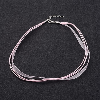 Jewelry Making Necklace Cord, Organza Ribbon & Waxed Cotton Cord & Silver Color Plated Iron Clasp, Pearl Pink, 17 inch