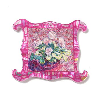 Acrylic Pendant, Flower Oil Painting, Camellia, 34x39.5x2.5mm, Hole: 1.6mm