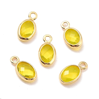 Eco-Friendly Brass with Glass Pendants,  Long-Lasting Plated, Lead Free & Cadmium Free & Nickel Free, Oval, Real 18K Gold Plated, Yellow, 9x4.5x2mm, Hole: 1.2mm