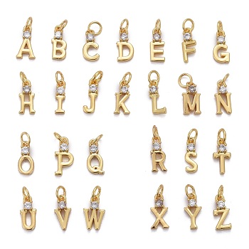 Brass Micro Pave Clear Cubic Zirconia Pendants, with Jump Ring, Long-Lasting Plated, Letter, Letter A~Z, 9~10x3~5x2~2.5mm, Jump Ring: 4x1mm, Hole: 2.5mm, 26pcs/set