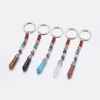 Natural/Synthetic Gemstone Chakra Pointed Keychain, with Mixed Stone and Platinum Plated Brass Key Findings, Bullet, 107~110mm, Ring: 24x2mm