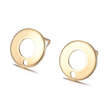 304 Stainless Steel Stud Earring Findings, Donut, Real 18k Gold Plated, 10.3mm, Hole: 1.3mm, Pin: 0.7mm