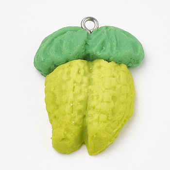 Handmade Polymer Clay Pendants, with Iron Findings, Bitter Gourd, Platinum, Green Yellow, 32x24x8mm, Hole: 2mm
