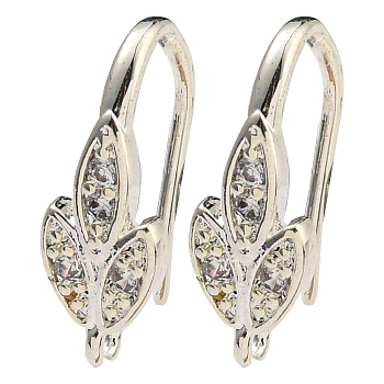 Brass Micro Pave Clear Cubic Zirconia Earring Hooks, Ear Wire, Leaf, Silver, 16.5x5.5x9mm, Hole: 1.4mm, 18 Gauge, Pin: 1mm