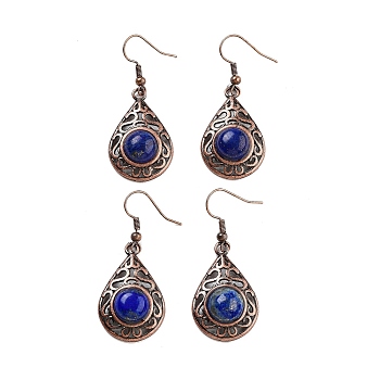 Dyed Natural Lapis Lazuli Teardrop Dangle Earrings, Red Copper Plated Hollow Brass Earrings for Women, 46.5x19.5mm