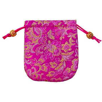 Chinese Style Flower Pattern Satin Jewelry Packing Pouches, Drawstring Gift Bags, Rectangle, Medium Violet Red, 10.5x10.5cm