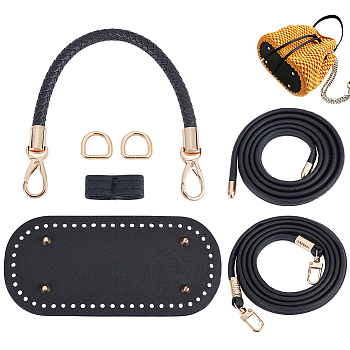 WADORN 1Pc PU Leather Bag Strap, 1 Set Imitation Leather Oval Bag Bottoms & Purse Strap & Drawstring for Bucket Bag Set, with Iron & Alloy Findings, Black